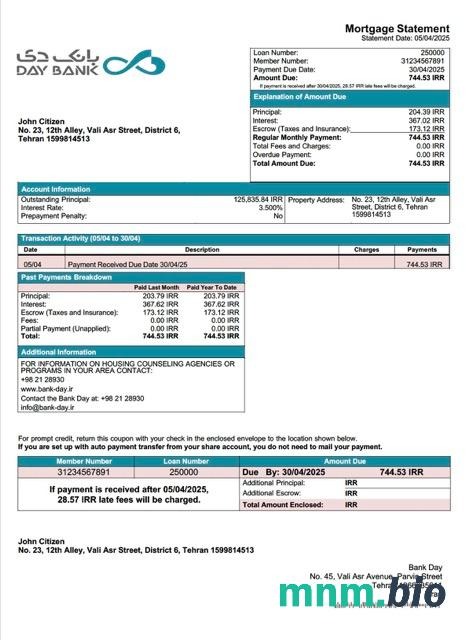 Iran Bank Day wyciąg z kredytu hipotecznego szablon Word i PDF